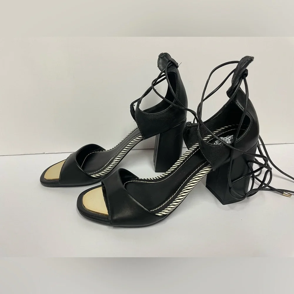 French blu vegan sandals block Heel lace up black gold 6